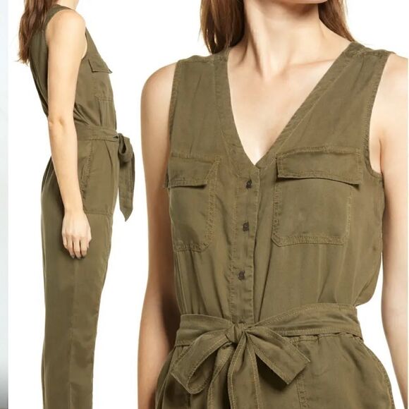 SUSINA MILITARY CARGO JUMPSUIT BUTTON FRONT SLEEVELESS OLIVE ARMY GREEN XS NWT - Picture 10 of 10